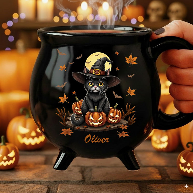 Witch’s Black Cat Cauldron Mug 11.5oz – Personalized Halloween Coffee Cup