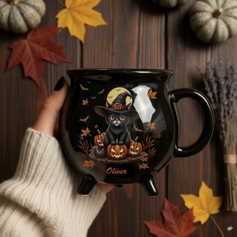 Witch’s Black Cat Cauldron Mug 11.5oz – Personalized Halloween Coffee Cup
