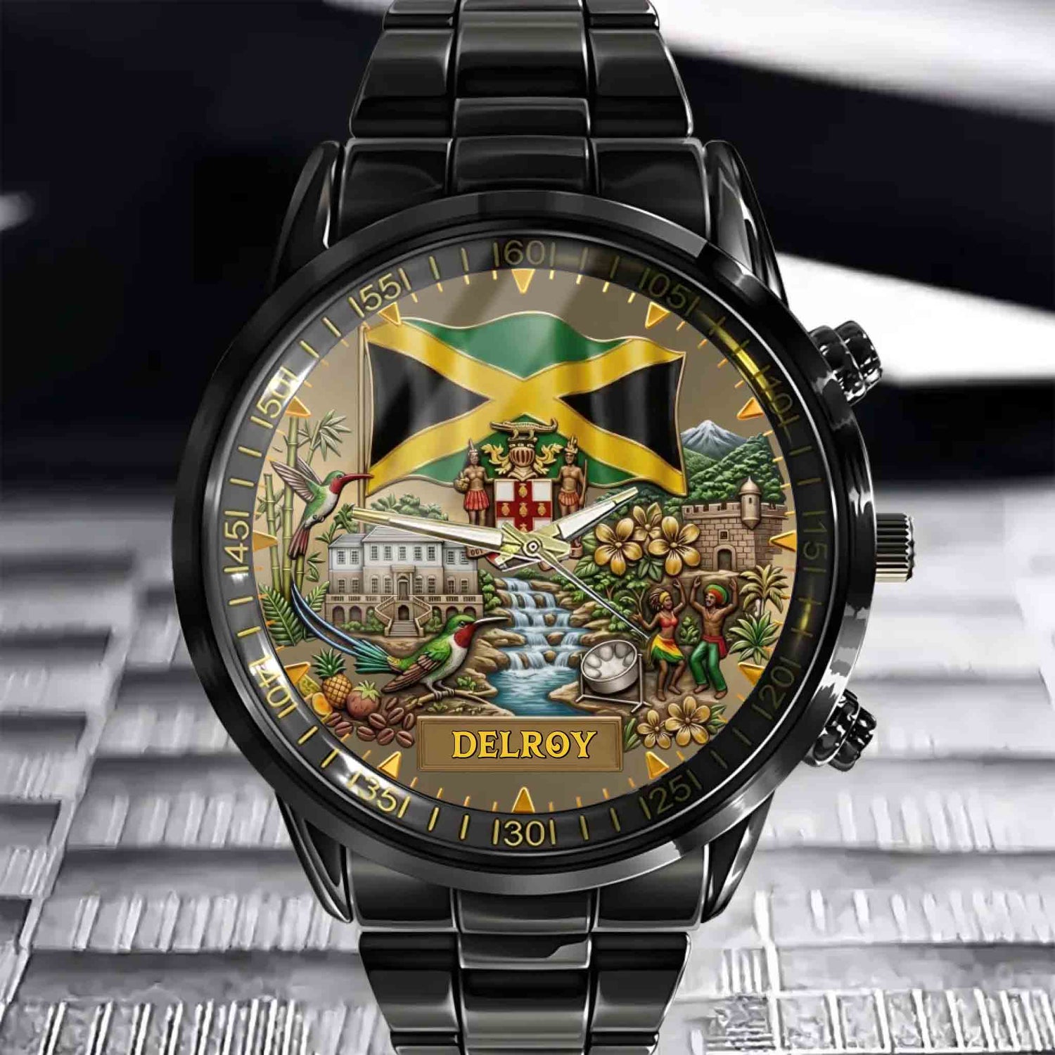 Custom Jamaican Heritage Watch - Personalized Name Flag & Coat of Arms