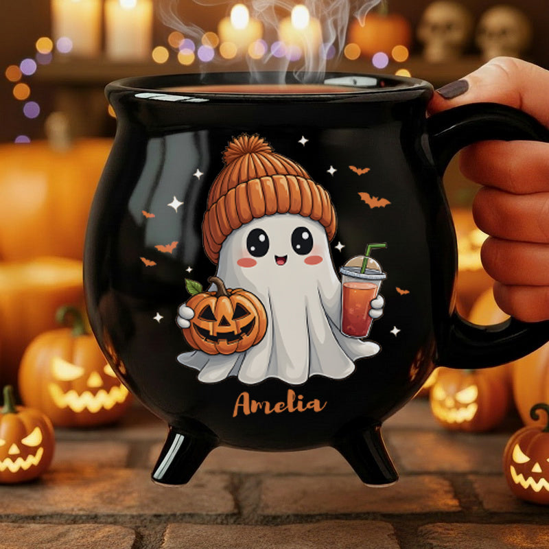 Cute Ghost Personalized Halloween Cauldron Mug – Custom Coffee Cup (11.5oz)