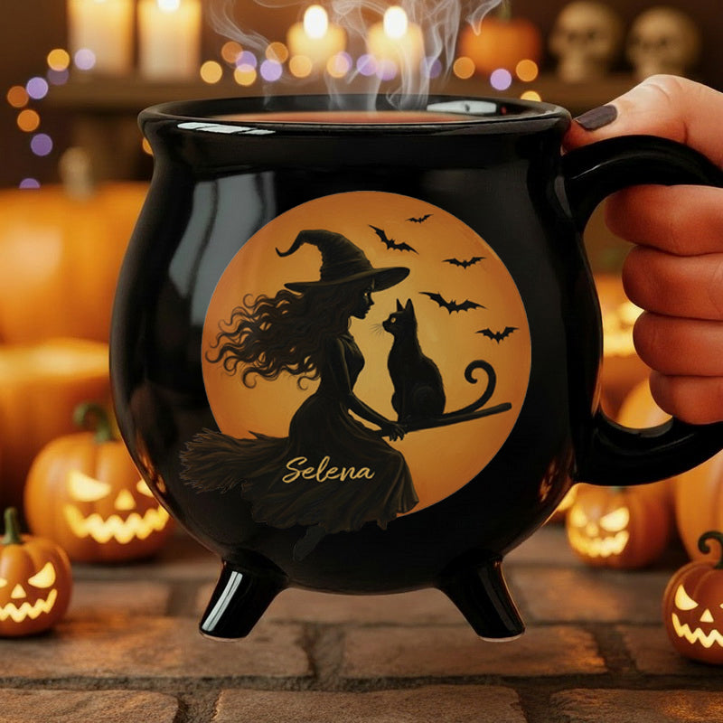Witch & Black Cat Halloween Cauldron Mug 11.5oz – Personalized Spooky Coffee Cup