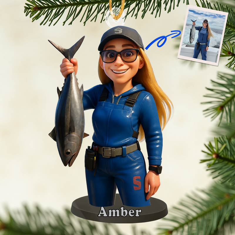 Fishing Girl Ornament – Custom Acrylic Christmas Birthday Gift – Catch of the Year