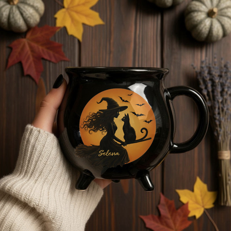 Witch & Black Cat Halloween Cauldron Mug 11.5oz – Personalized Spooky Coffee Cup