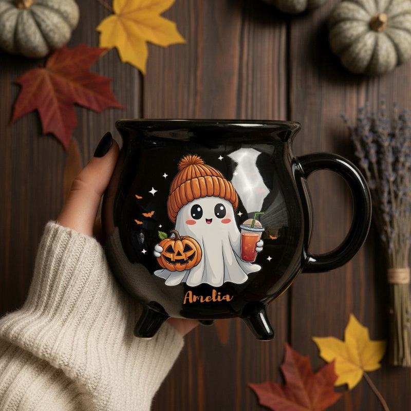 Cute Ghost Personalized Halloween Cauldron Mug – Custom Coffee Cup (11.5oz)