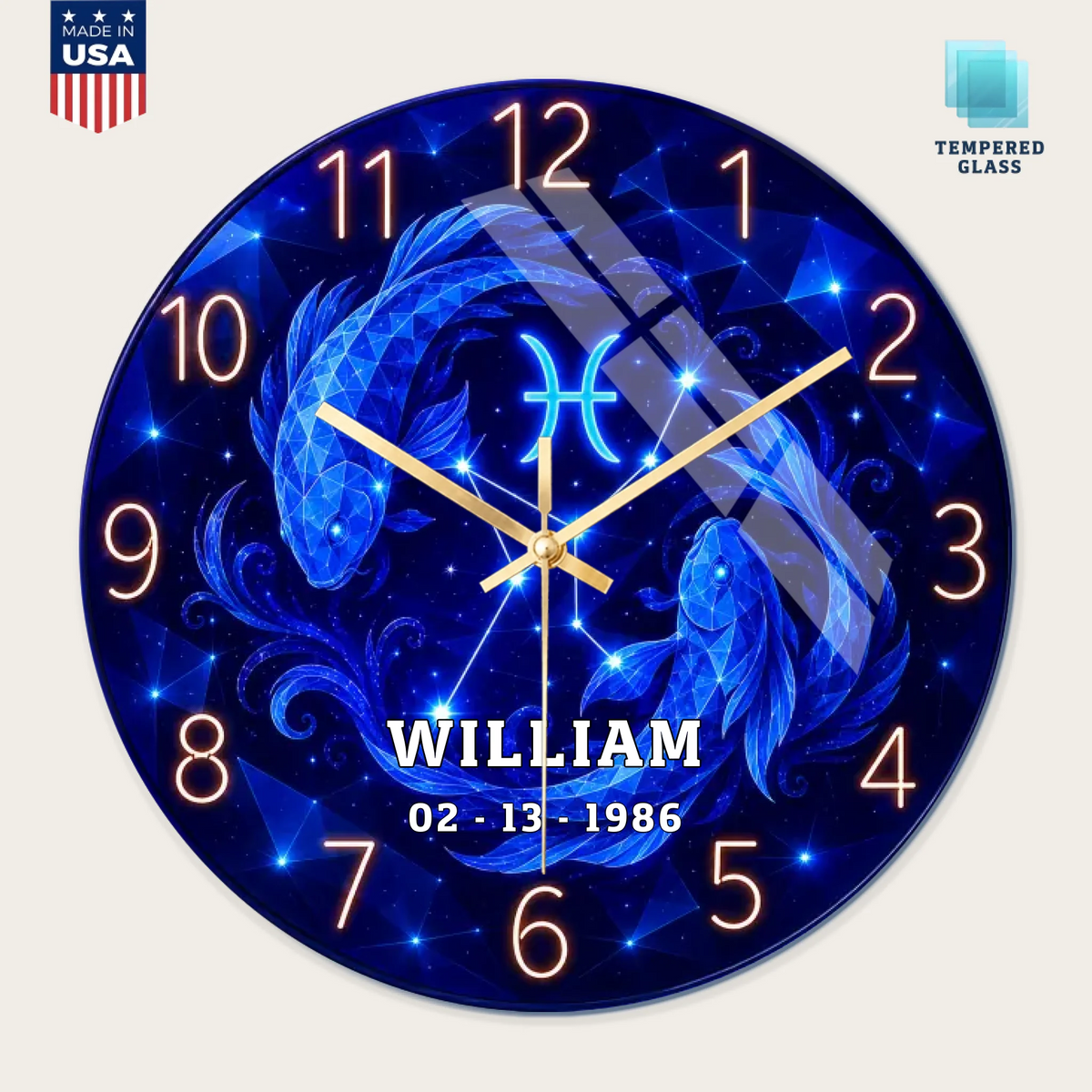 1-custom-round-glass-wall-clock-gold-hands-front-view