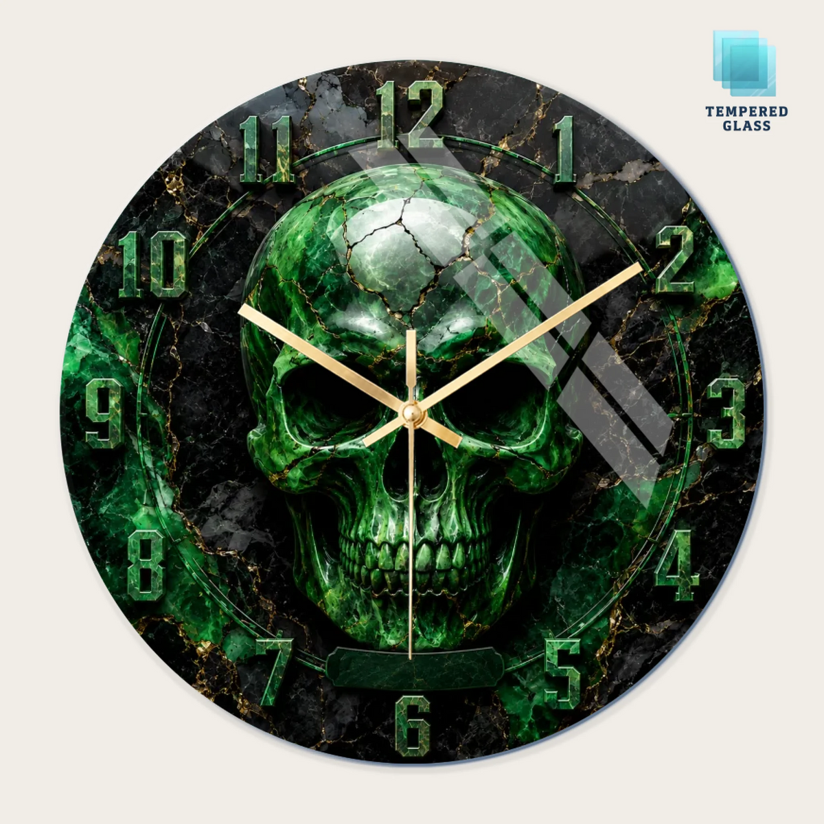 1-custom-round-glass-wall-clock-gold-hands-front-view