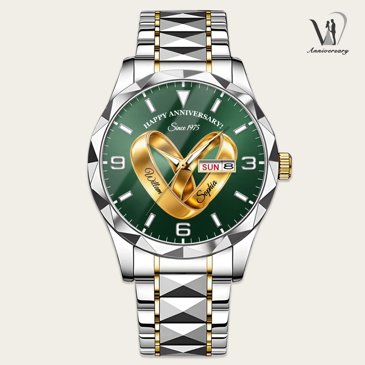 Personalized Anniversary Watch – Custom Names Wedding Ring Couple Gift